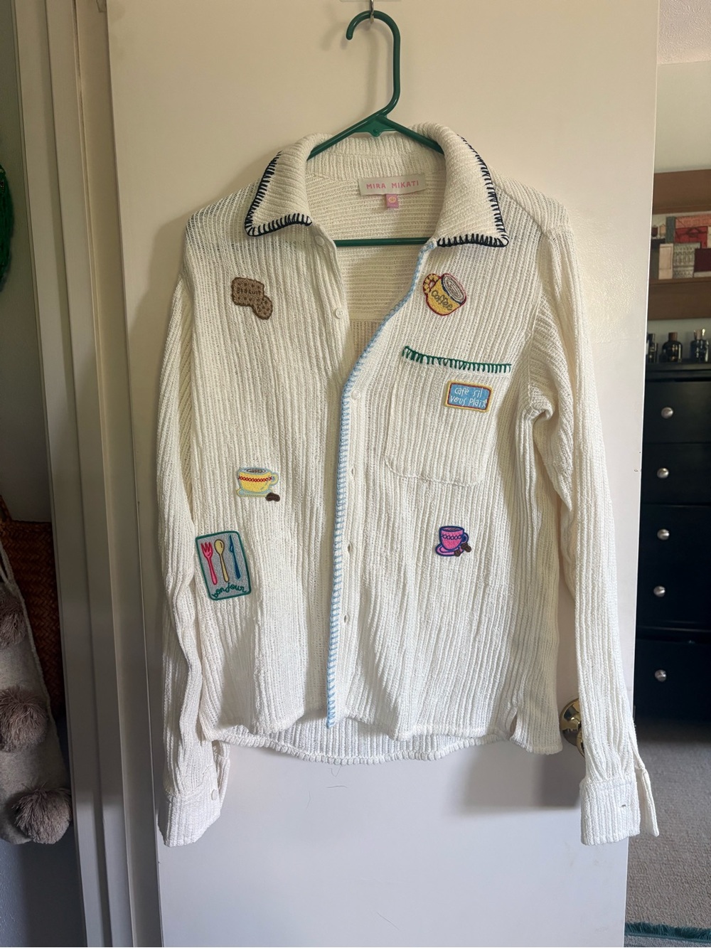 Mira Mikati Cream Embroidered Patch Knit Shirt